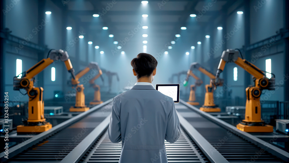 Poster internet of thing (iot) sensor integration concept. a person in a lab coat observes robotic arms in 