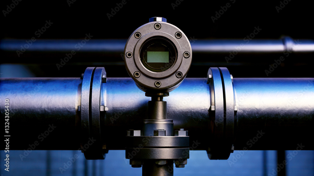 Poster internet of thing (iot) sensor integration concept. industrial pipe with a gauge in a dark setting, 
