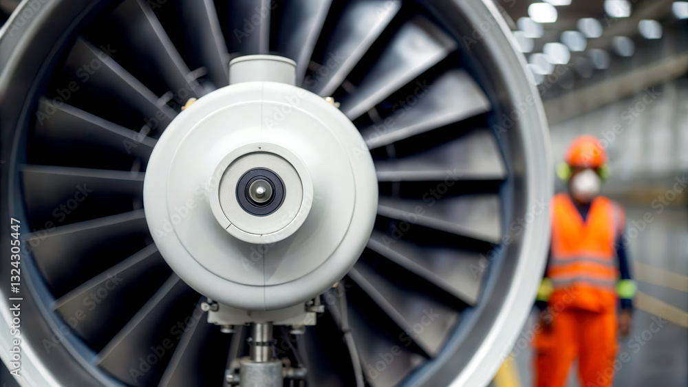 Aufkleber internet of thing (iot) sensor integration concept. close-up of a jet engine turbine with a worker i