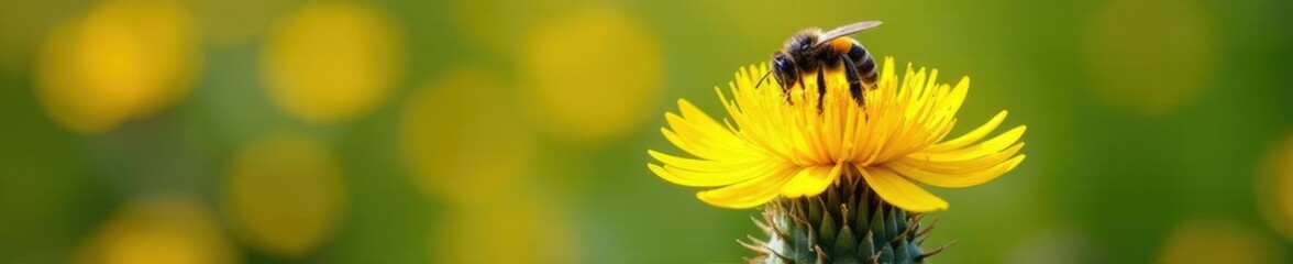 Yellow thistle blossom with bees collecting nectar, thorny, yellow