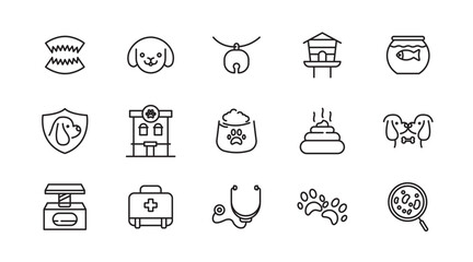 Veterinary, pet, vet, pet shop, dog care, training, cat, food line icons set collection. Outline icon collection. Pets line icons. Lovely animals icon pack. Vaccine, pet care, and dog paw