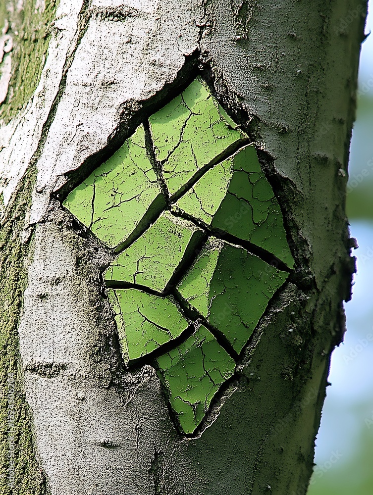 Poster tree bark with embedded green tiles forming fractured mosaic pattern