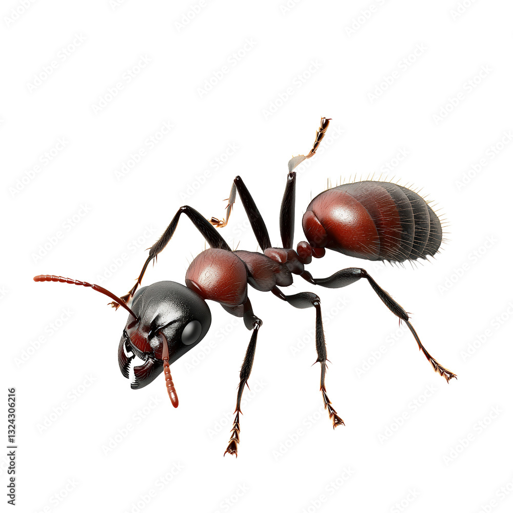 Poster close-up view of a tiny red ant crawling on a surface with multiple ants displaying their social beh