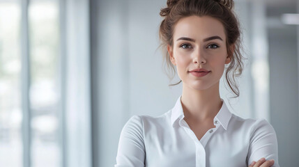 Confident young businesswoman in office, radiating professionalism and focus.