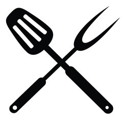 Cute cartoon hand drawn vector Barbecue spatula and fork sign silhouette.