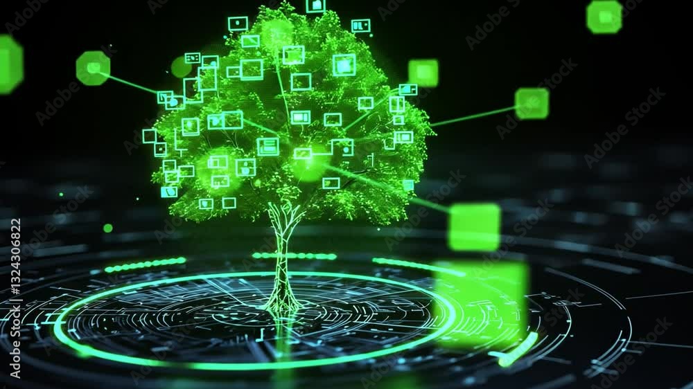 Poster green tree with digital icons and futuristic elements representing technology, data, and growth in a