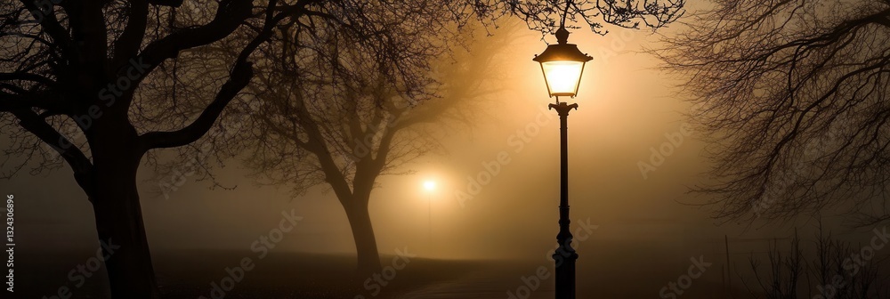 Poster misty forest at twilight with eerie fog and glowing street lamp illuminating twisted trees