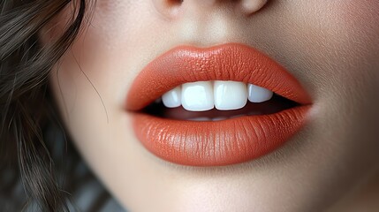 Fototapeta premium Perfect lip shape and white teeth are highlighted in a close up of beautiful full lips adorned with natural coral makeup, while dark hair gently falls across the face.