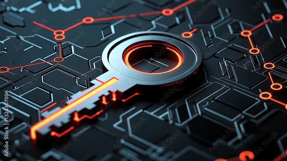 Poster Abstract Digital Key on a Tech-Inspired Background with Circuit Patterns and Glowing Highlights for Security and Technology Themes