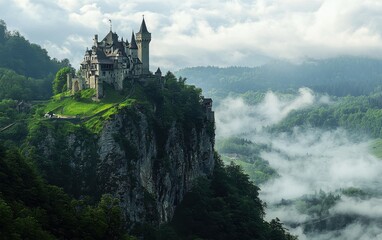 Of a Majestic castle perched on a lush green hillside, with misty clouds rolling through the valley below