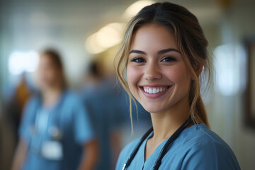 Fototapeta premium Smiling healthcare worker in scrubs, conveying warmth and care
