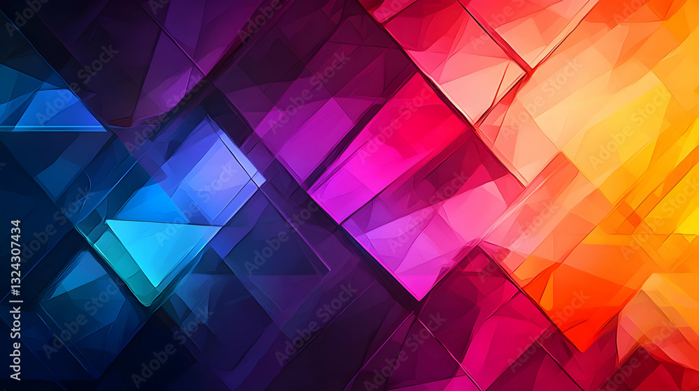 Poster abstract geometric mosaic pattern with vibrant colors and dynamic lighting forming artistic backgrou