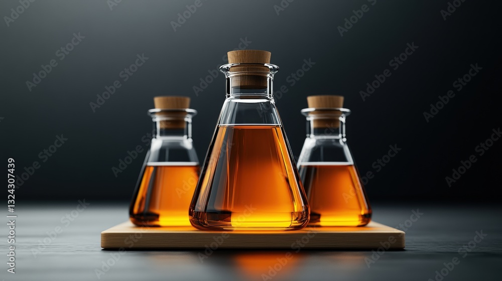 Poster three bottles of golden honey representing natural sweeteners in a laboratory setting emphasizing or