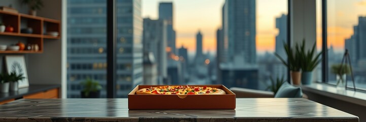 New York Pizza Box Mockup on City Countertop