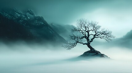 Ethereal and Moody Winter Landscape Scene with Dramatic Volumetric Lighting Casting Shadows Across a Dark Expansive Void Mysterious White Mist Drifting Through the Frame