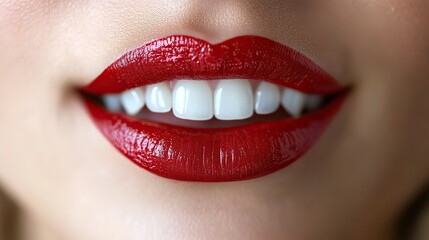 Obraz premium Perfect natural plump lips with red lipstick close-up, slightly open, reveal white teeth, suggesting beauty, cosmetology, lip augmentation, dentistry, and care.
