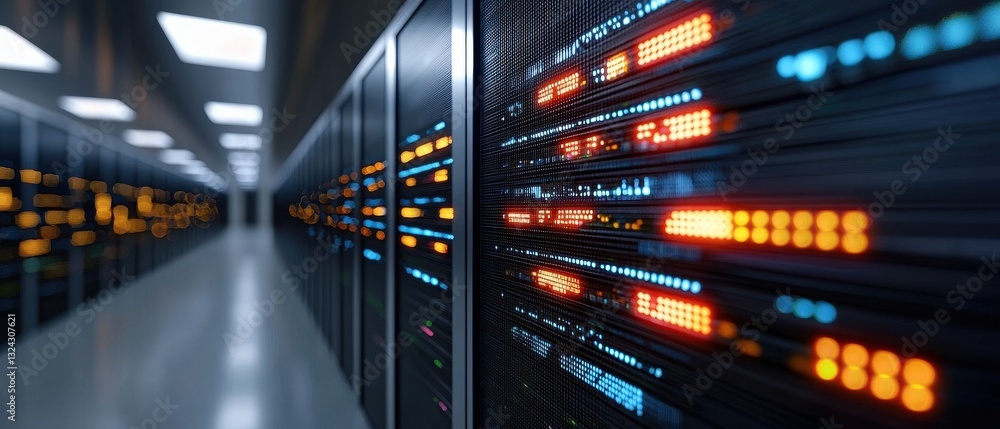Poster data center with illuminated server racks and cables in perspective view.