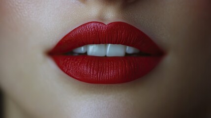 Fototapeta premium Perfect red lips, gleaming white teeth close-up lip augmentation, beauty, cosmetology & dental care striking portrait.