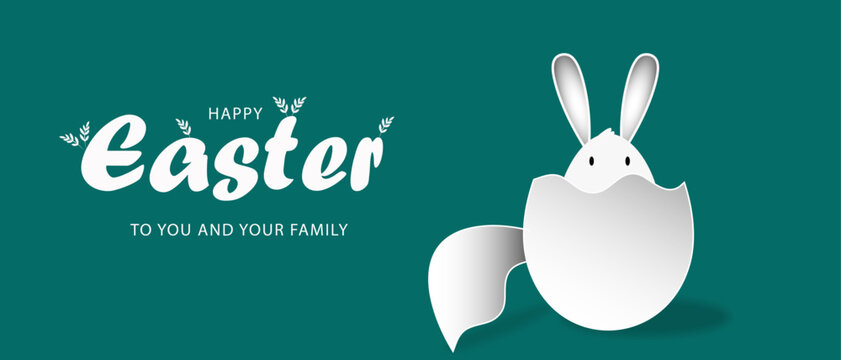 Festive Easter horizontal flyer, banner, header for website with white cracked egg and banny ears on a yellow background. Trendy Easter design with egg,