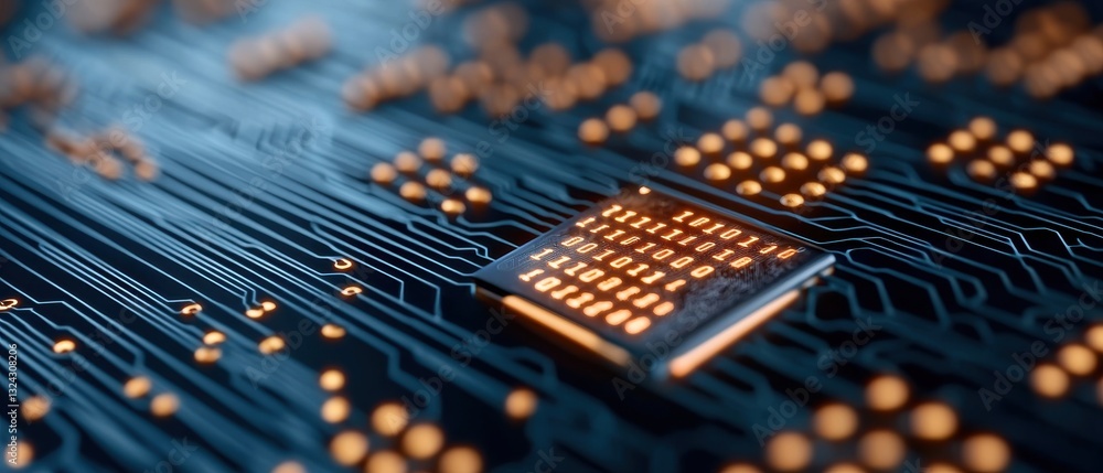 Poster close-up of a microchip on a circuit board with glowing connections.