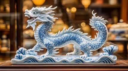 Obraz premium Graceful Blue Dragon Adorns the Art Gallery with Its Sculpture