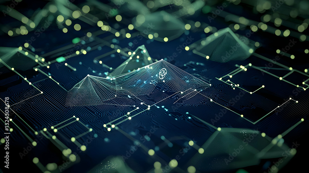 Poster abstract blue and green digital landscape with circuit board lines and dot data visualization