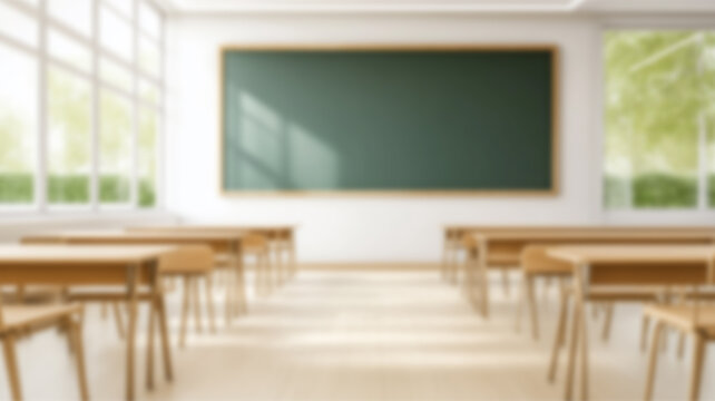 School classroom in blur background without young student; Blurry view of elementary class room no kid or teacher with chairs and tables in campus.