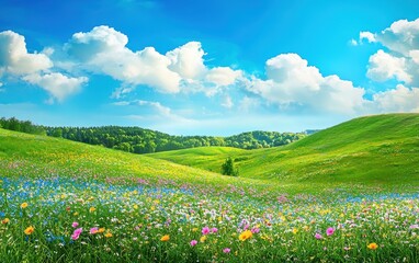 Fototapeta premium Of a Rolling green hills under a bright blue sky, dotted with colorful wildflowers swaying in the breeze
