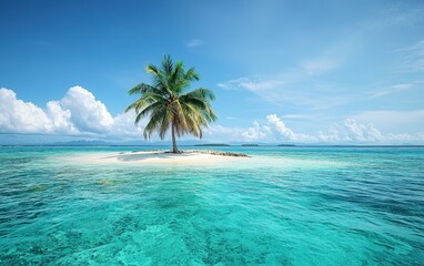 Of a Secluded tropical island surrounded by crystal-clear turquoise waters, with a lone palm tree swaying in the breeze