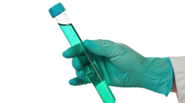 Scientist wearing green gloves holding test tube with transparent background