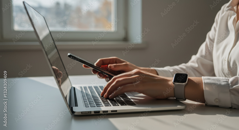Poster productive workflow: woman typing on laptop & using phone. boost your efficiency with tech & smart d
