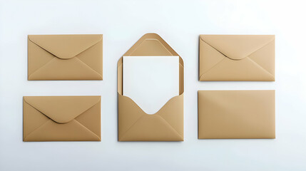 Five Brown Kraft Envelopes Arranged On White Background With One Open Envelope Revealing Blank White Card Inside For Communication Concept