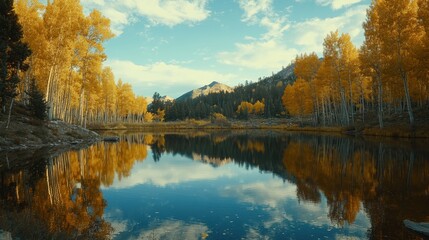 Fototapeta premium Of a Tranquil lake surrounded by golden aspen trees reflecting on the calm water surface