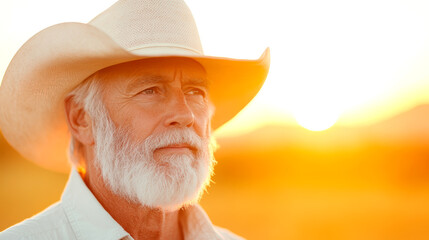 Mature caucasian man in cowboy hat gazing into sunset with serene expression in warm rural landscape