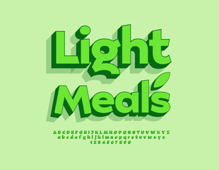 Vector Culinary template Light Meals. Modern Green Font. Fashion 3D Alphabet Letters and Numbers set