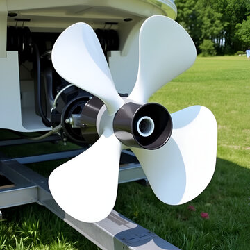Stern drive 4 blades motor boat propeller and Steering rudder baller of a motor yacht with a stationary inboard engine and a shaft line outdoor on boat trailer at summer day on green grass background