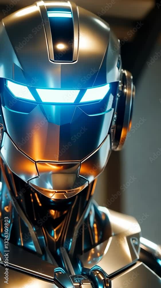 Poster close-up of a futuristic robotic figure with glowing features in a modern setting during daylight