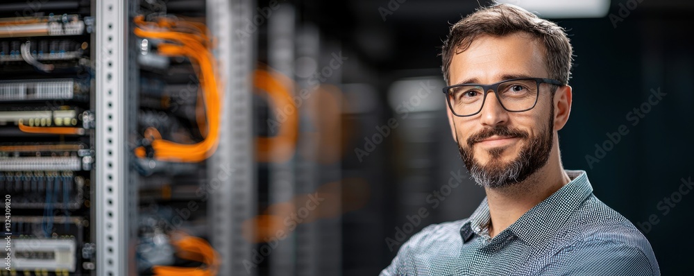 Aufkleber professional in a data center with networking equipment behind him.