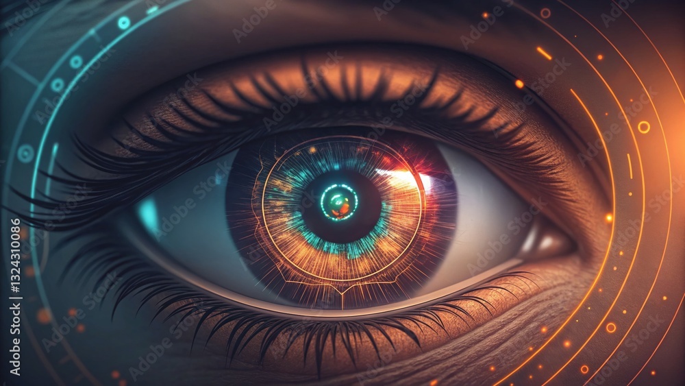 Poster cybersecurity data breach concept, futuristic digital eye with intricate design elements.