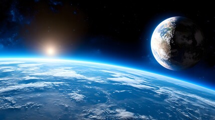 Stunning View of Earth from Space with Blue Atmosphere and Sunlight
