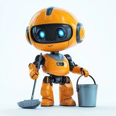 Adorable robot janitor holding a mop and bucket, isolated on clear white background