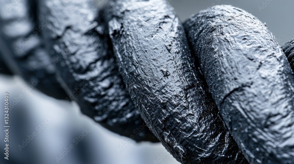 Poster macro shot of weathered, dark chain links with a blurred background