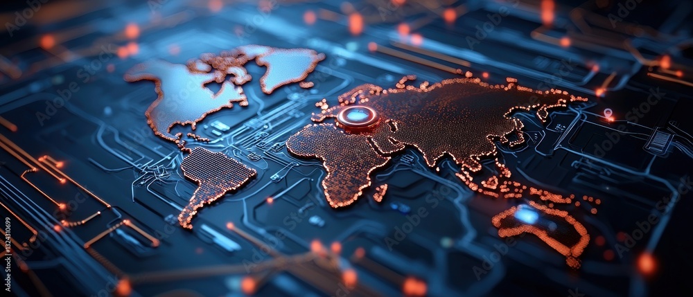 Poster digital map with glowing connections and technology elements.