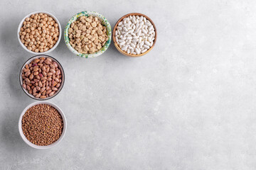 Mixed legumes for vegetarian and vegan cooking on gray table. Lentins, white beans, indian peas, chickpeas, cranberry beans in the bowls, pulses for healthy balanced diet, plant-based protein source