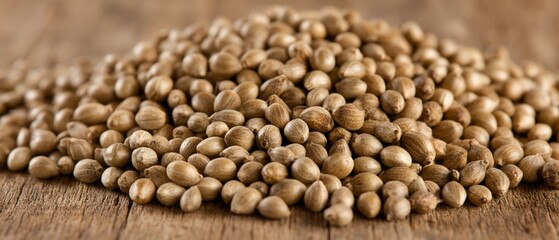 Obraz premium Pile of hemp seeds on a wooden surface.