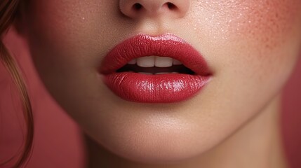 Naklejka premium Plump lips with natural color, subtle gloss close-up highlight cosmetic enhancements, emphasizing natural beauty.