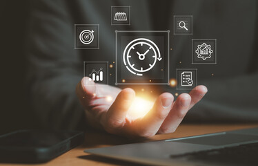 Business person with time management activity to improve productivity, process optimization and...