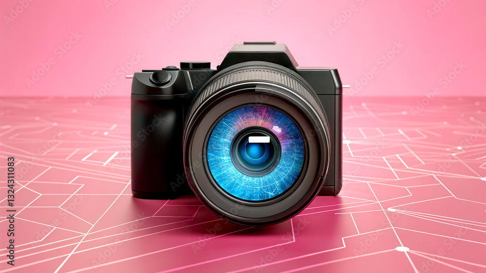 Poster cybersecurity best practices concept. camera with vibrant lens on a pink backdrop, representing mode
