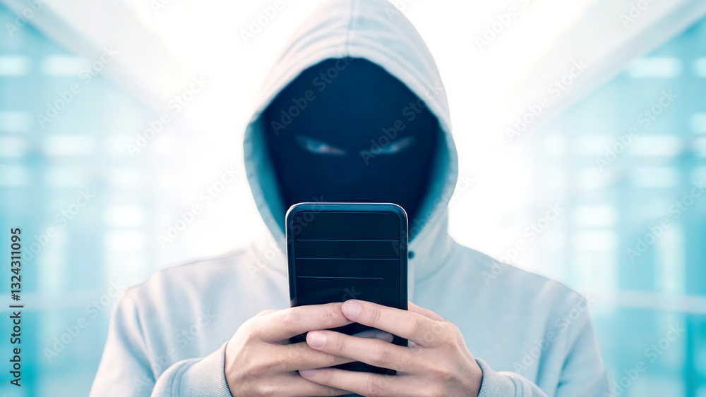 Poster cybersecurity best practices concept. person in a hoodie using a smartphone in a modern, blurred bac