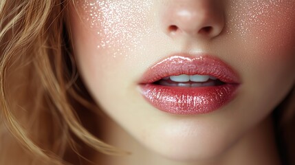 Plump lips with shiny lip gloss close-up showcase perfect pout by cosmetic treatments, highlighting beauty and cosmetology trends.
